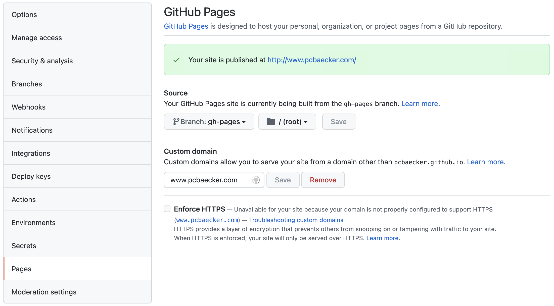 Settings for Github pages