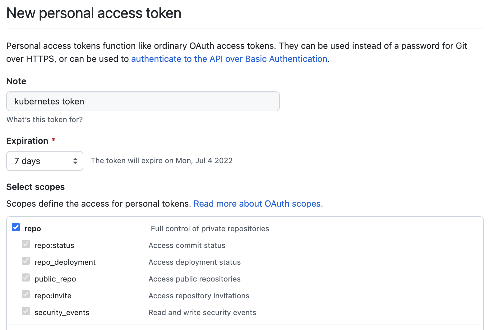 New Personal Access Token Repo